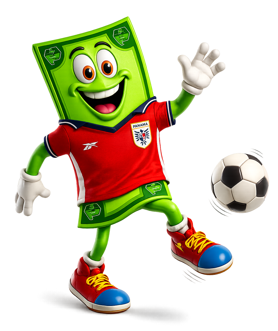 Mascota Pacífico - billete verde con camiseta de Panamá jugando fútbol